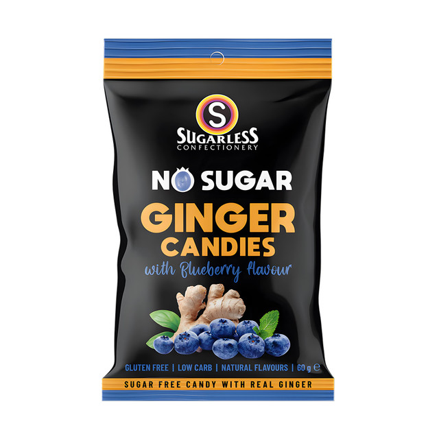 Sugarless Blueberry flavour Ginger Candies 60g Sugarless Blueberry flavour Ginger Candies 60g
