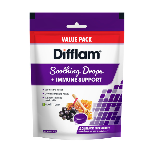 Difflam Soothing Throat Drops + Immune Support Black Elderberry Flavour Value Pack 42 Drops Difflam Soothing Throat Drops + Immune Support Black Elderberry Flavour Value Pack 42 Drops