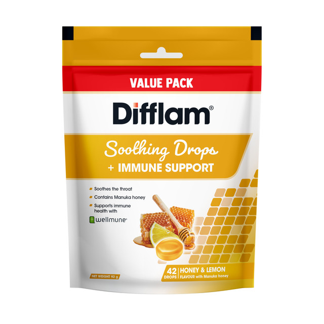 Difflam Soothing Throat Drops + Immune Support Honey & Lemon Flavour Value Pack 42 Drops Difflam Soothing Throat Drops + Immune Support Honey & Lemon Flavour Value Pack 42 Drops