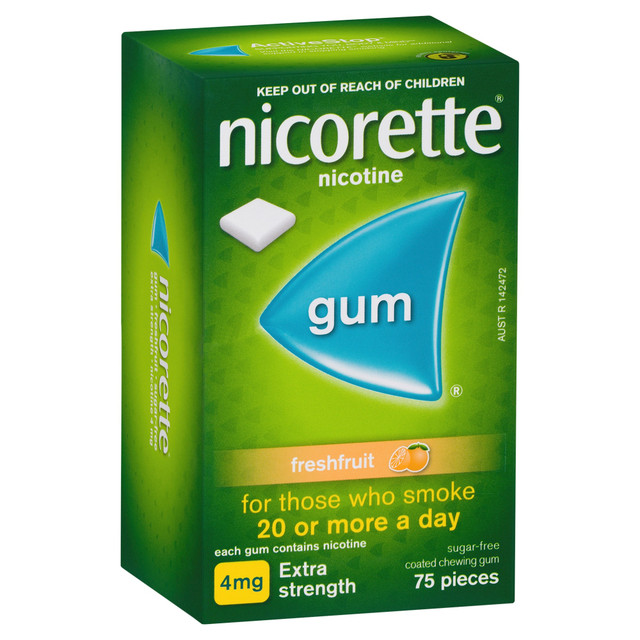 Nicorette Quit  Smoking Aid Nicotine 4mg Freshfruit Extra Strength  Chewing Gum - Sugar‑Free Smoking Cessation Aid-75 Pack