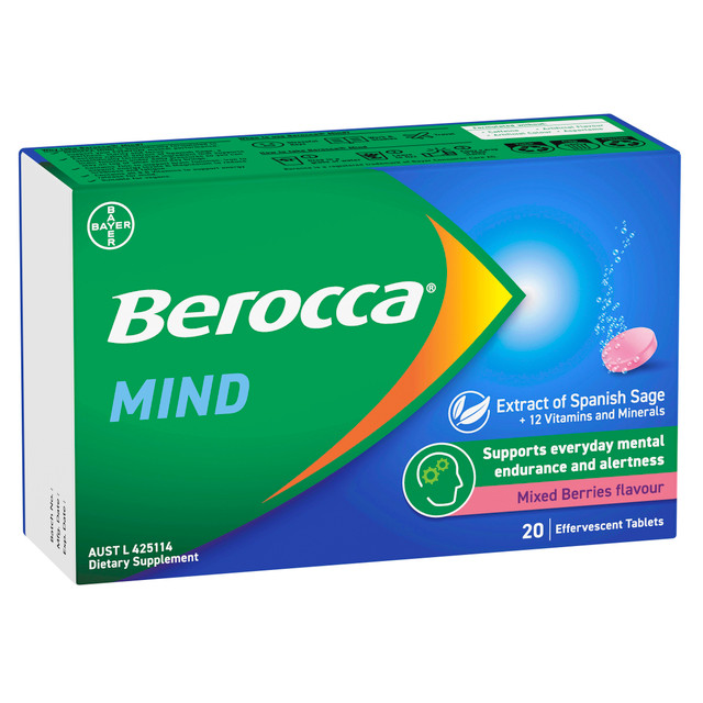 Berocca Mind Mixed Berries Effervescent Tablets, Vitamin B & C, Magnesium, Zinc and Extract of Spanish Sage 20 Pack Berocca Mind Mixed Berries Effervescent Tablets, Vitamin B & C, Magnesium, Zinc and Extract of Spanish Sage 20 Pack