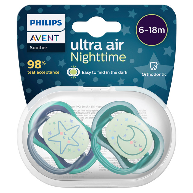 Philips Avent Ultra Air Soother Nighttime Glow, 6-18 months, 2-pack, SCF376/07
