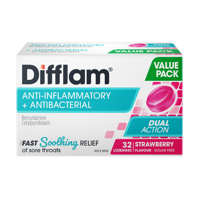 Difflam Anti-inflammatory + Antibacterial Strawberry Lozenges 32