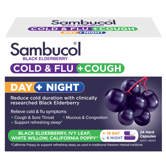 Sambucol Black Elderberry Cold & Flu + Cough Day + Night 24 Capsules