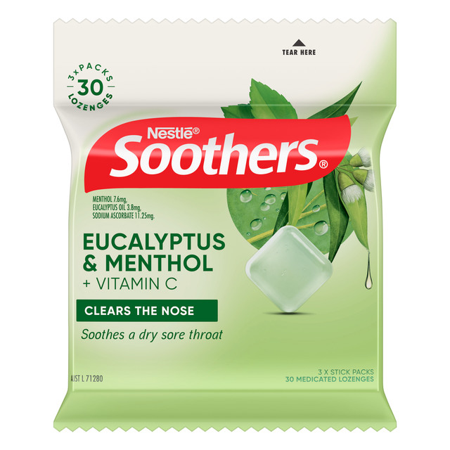 Soothers Eucalyptus & Menthol Sore Throat Lozenges + Vitamin C 3x10 Pack
Soothers Eucalyptus & Menthol Sore Throat Lozenges + Vitamin C 3x10 Pack