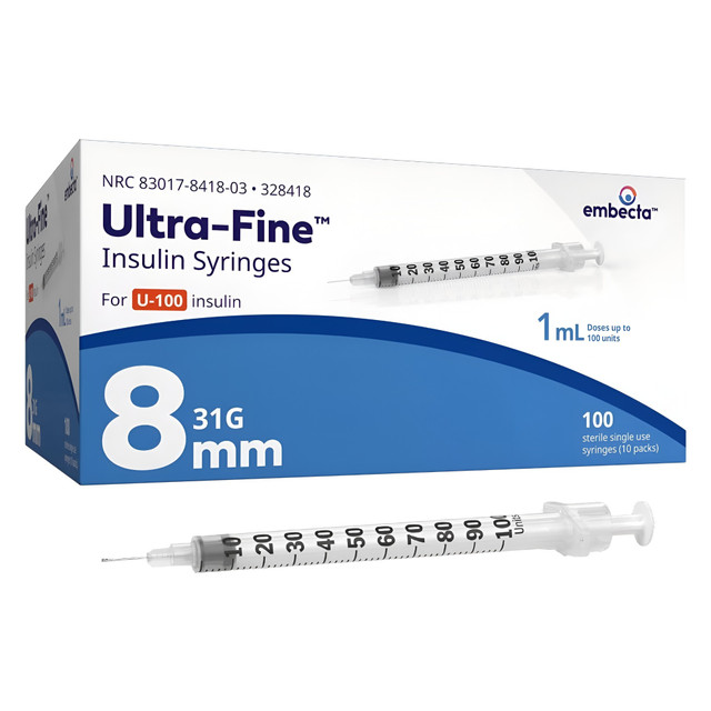 Ultra-Fine 1ml 31g 8mm Insulin Syringe 100 Pack