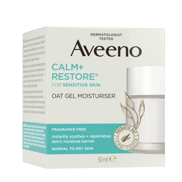 Aveeno Calm + Restore Oat Gel Moisturiser – Lightweight Face Gel for Sensitive Skin, 24H Hydration, Fragrance-Free, 50mL