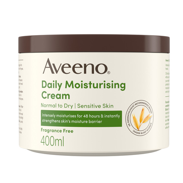 Aveeno Daily Moisturising Cream for Dry & Sensitive Skin – Fragrance Free Body, Face & Hand Moisturiser with Prebiotic Oat & Shea Butter, 48 Hour Hydration, 400mL
