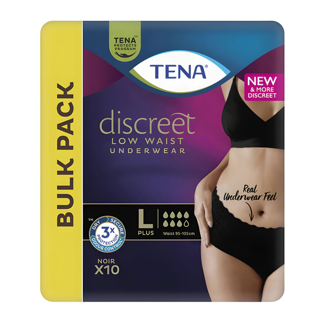 TENA Discreet Women's Lingerie Waist Underwear Black Large 10 Pack