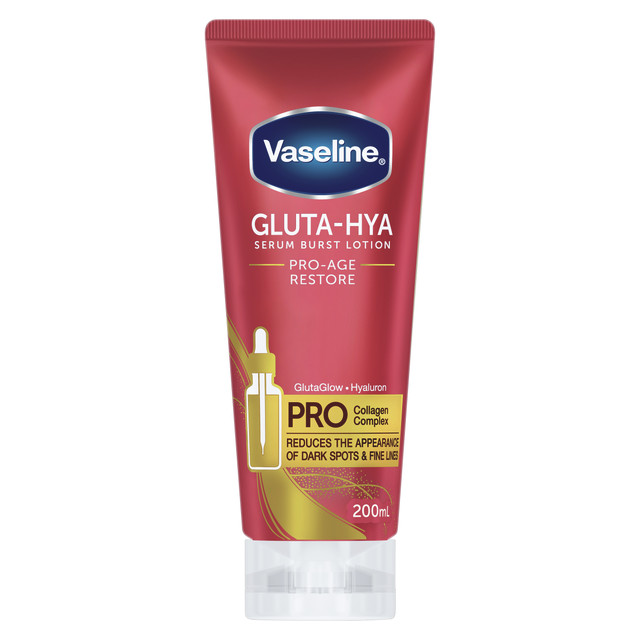 Vaseline Gluta-Hya Serum Burst Body Lotion for visibly bright and firm skin Pro-Age Restore fights dark spots and reduces fine lines 200 mL