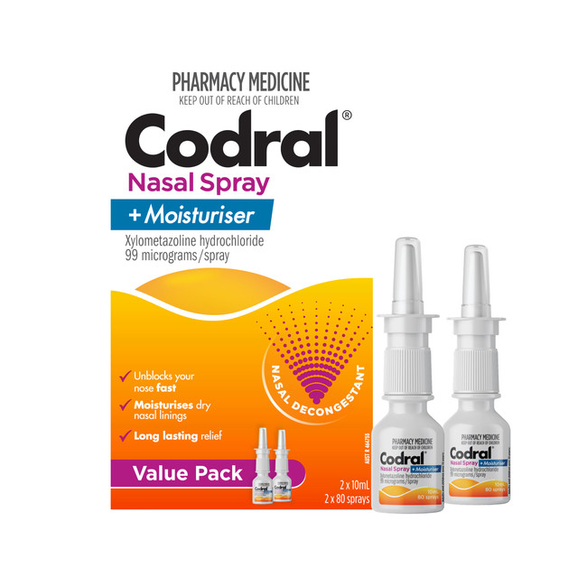 Codral Nasal Spray Decongestant with Moisturiser 2x10mL – Nasal Spray for Blocked Nose Relief