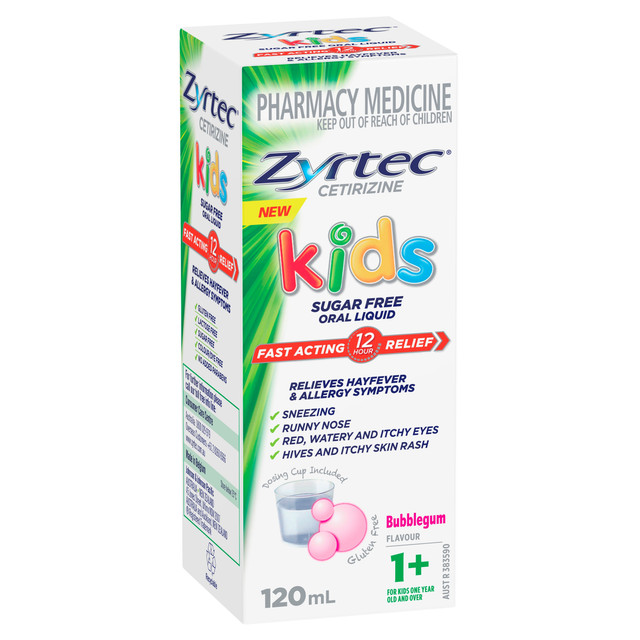 Zyrtec Kids Sugar Free Oral Liquid Antihistamine for Children – Hayfever & Allergy Relief Bubblegum Flavour 120mL