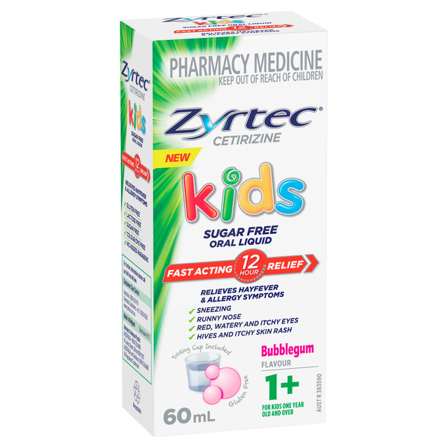 Zyrtec Kids Allergy & Hayfever Relief Antihistamine Bubblegum Liquid 60mL