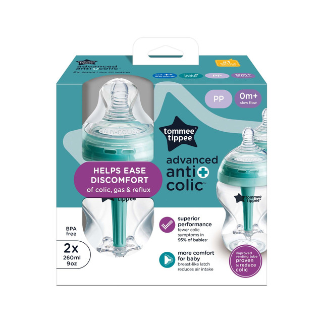 Tommee Tippee Baby Bottles, Advanced Anti-Colic Baby Bottle with Slow Flow Breast-Like Teat, 260ml, 0m+, Self-Sterilising, Baby Feeding Essentials, Pack of 2