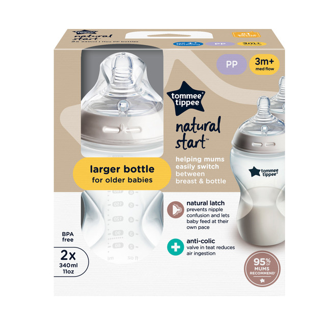 Tommee Tippee Baby Bottles, Natural Start Anti-Colic Baby Bottle with Medium Flow Breast-Like Teat, 340ml, 3m+, Self-Sterilising, Baby Feeding Essentials, Pack of 2