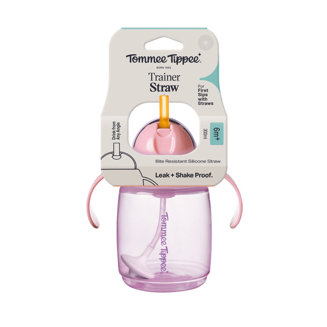 Tommee Tippee Trainer Straw Cup, 300ml, Easy Transition Toddler Cup for 6 Months+, with Silicone Weighted Straw and Easy-Hold Handles, Assorted Colours, 1 pack