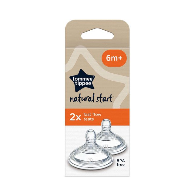 Tommee Tippee Natural Start Baby Bottle Teats, Fast Flow, 6+ Months, Breast-Like for a Natural Latch, Anti-colic Valve, Soft Silicone, Pack of 2