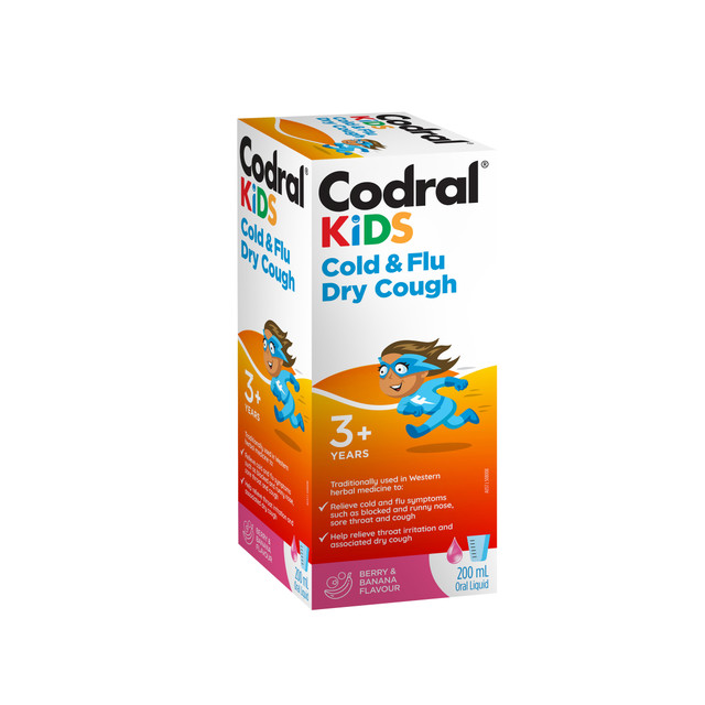 Codral Kids Cold & Flu Dry Cough Oral Liquid Syrup 200mL – Berry & Banana Flavour, Children’s Cold & Flu Relief (3+ Years)