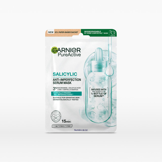 Garnier Salicylic Anti-Imperfection Serum Mask, 3% Niacinamide + Salicylic Acid + Aha + Centella asiatica. Cruelty Free International & Vegan - 28g