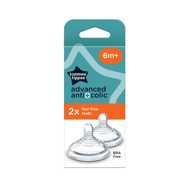 Tommee Tippee Advanced Anti-Colic Baby Bottle Teats, Fast Flow, 6+ Months, Breast-Like for a Natural Latch, Anti-colic Valve, Soft Silicone, Pack of 2