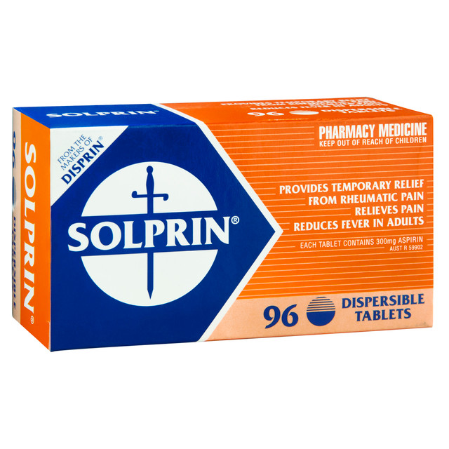 Solprin Pain and Fever Relief Dispersible Tablets 300mg Aspirin 96 pack Solprin Pain and Fever Relief Dispersible Tablets 300mg Aspirin 96 pack