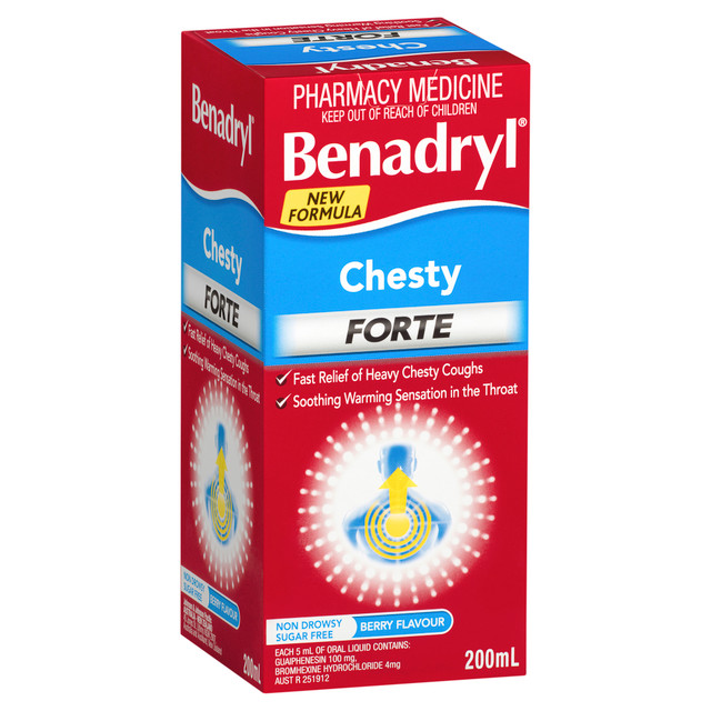 Benadryl Chesty Forte Cough Liquid Berry Flavour 200mL Benadryl Chesty Forte Cough Liquid Berry Flavour 200mL