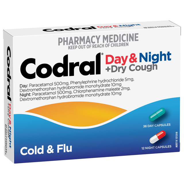 Codral Day & Night + Dry Cough Cold & Flu Capsules –  Cold & Flu symptom Relief (36 Day + 12 Night Capsules)