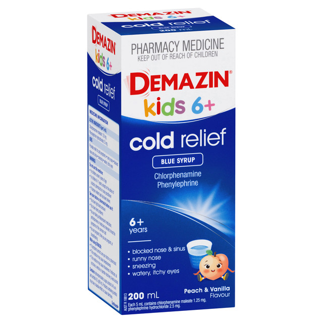Demazin Kids 6+ Cold Relief Blue Syrup Peach & Vanilla Flavour 200mL Demazin Kids 6+ Cold Relief Blue Syrup Peach & Vanilla Flavour 200mL