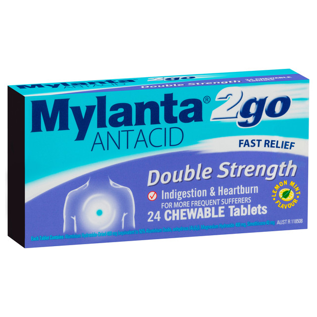 Mylanta 2Go Antacid Double Strength Chewable Tablets Lemon Mint 24 Pack