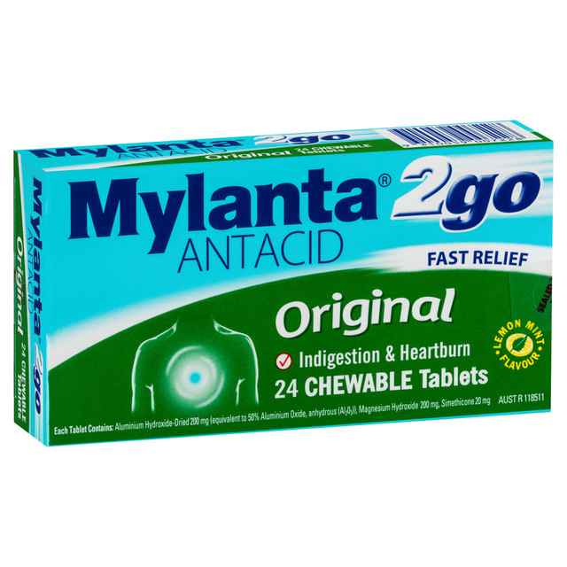 Mylanta 2Go Antacid Original Chewable Tablets Lemon Mint 24 Pack