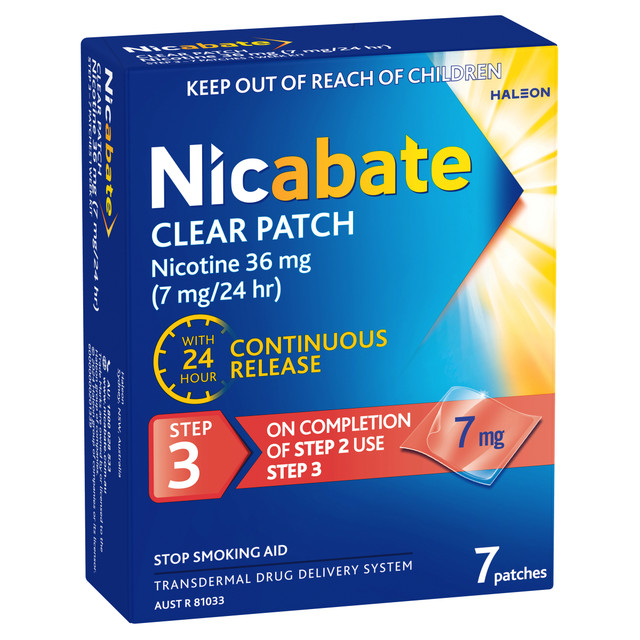 Nicabate Clear Patch Stop Smoking Transdermal drug delivery system Nicotine 7mg 7 Pack Nicabate Clear Patch Stop Smoking Transdermal drug delivery system Nicotine 7mg 7 Pack