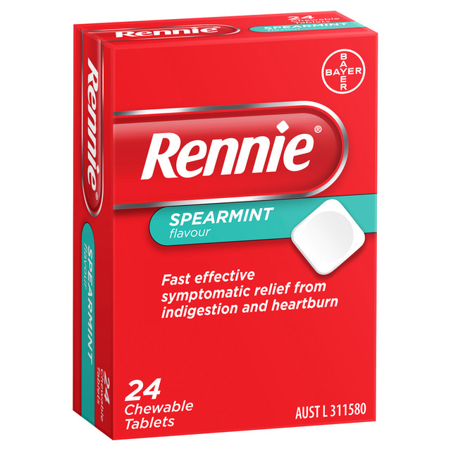 Rennie Indigestion and Heartburn Relief Spearmint 24 Chewable Tablets