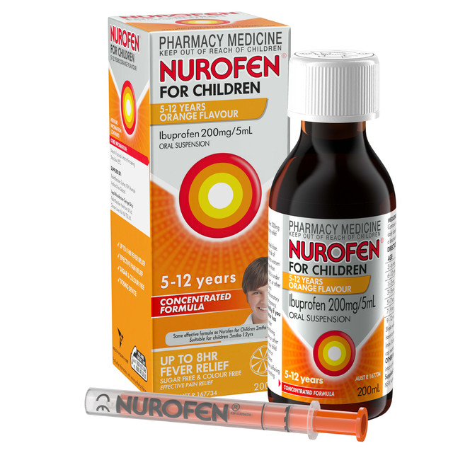 Nurofen For Children 5-12yrs Pain and Fever Relief Concentrated Liquid 200mg/5mL Ibuprofen Orange 200mL Nurofen For Children 5-12yrs Pain and Fever Relief Concentrated Liquid 200mg/5mL Ibuprofen Orange 200mL