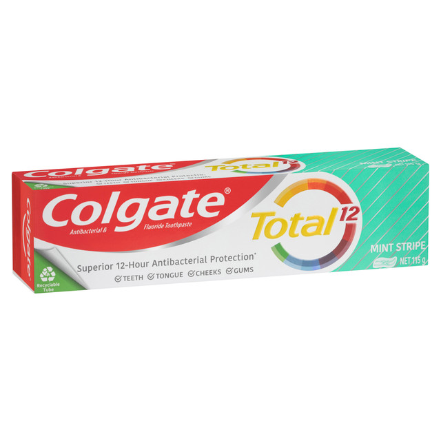 Colgate Total Mint Stripe Gel Antibacterial Toothpaste 115g, Whole Mouth Health, Multi Benefit