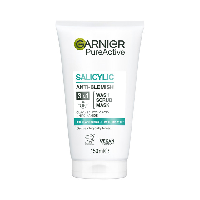 Garnier Pure Active 3-in-1 Clay Wash Scrub & Mask 150mL, Deeply Purifying Cleanser