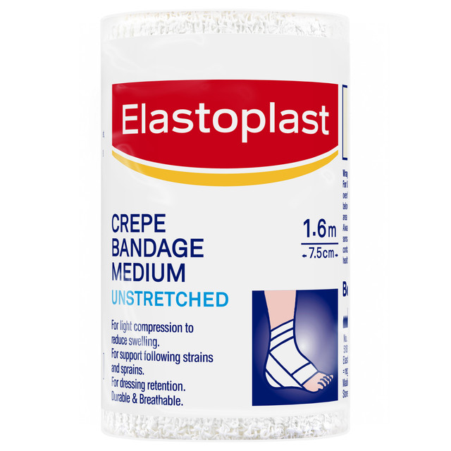 Elastoplast Medium Weight Crepe Bandage Unstretched 7.5cm x 1.6m Elastoplast Medium Weight Crepe Bandage Unstretched 7.5cm x 1.6m