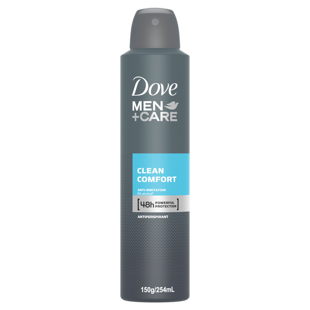 DOVE Men+Care Antiperspirant Aerosol Deodorant Clean Comfort helps fight sweat and odour for up to 48 hours 254mL 1