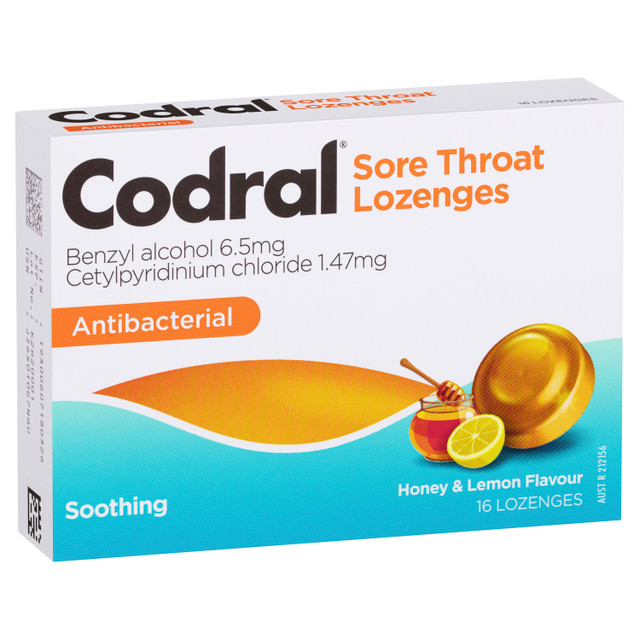 Codral Sore Throat Relief Lozenges Antibacterial Honey & Lemon 16 Pack