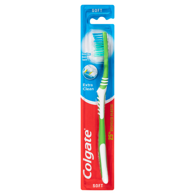 Colgate Extra Clean Manual Toothbrush, 1 Pack, Soft Bristles, 25% Recycled Plastic Handle Colgate Extra Clean Manual Toothbrush, 1 Pack, Soft Bristles, 25% Recycled Plastic Handle