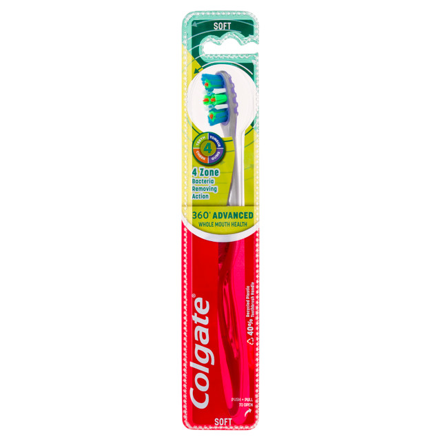 Colgate 360° Advanced Whole Mouth Health Manual Toothbrush, 1 Pack, Soft Bristles with 4 Zone Bacteria Removing Action
