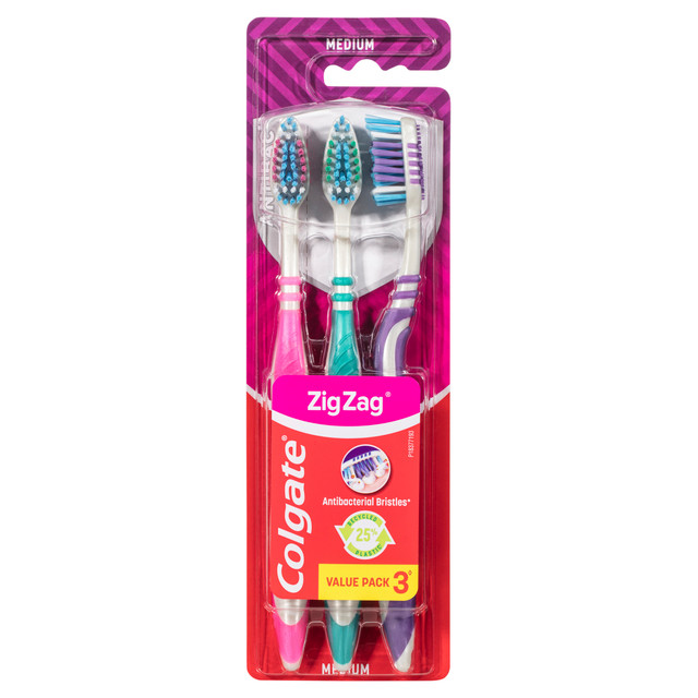 Colgate Zig Zag Manual Toothbrush, Value 3 Pack, Medium Bristles, Antibacterial Bristles Colgate Zig Zag Manual Toothbrush, Value 3 Pack, Medium Bristles, Antibacterial Bristles