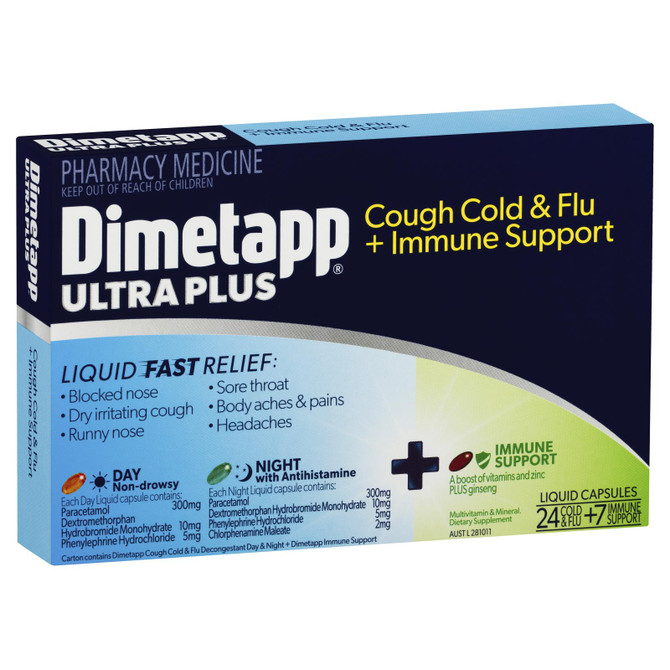 Dimetapp Ultra Plus Cough Cold & Flu + Immune Support 24+7 Liquid Capsules