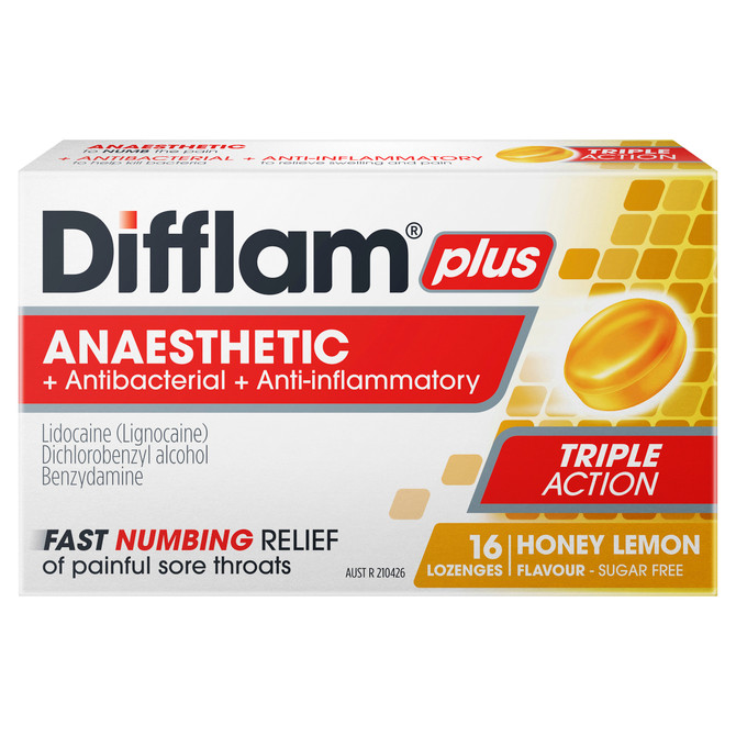Difflam Plus Anaesthetic Sore Throat Lozenges Honey & Lemon Flavour 16s