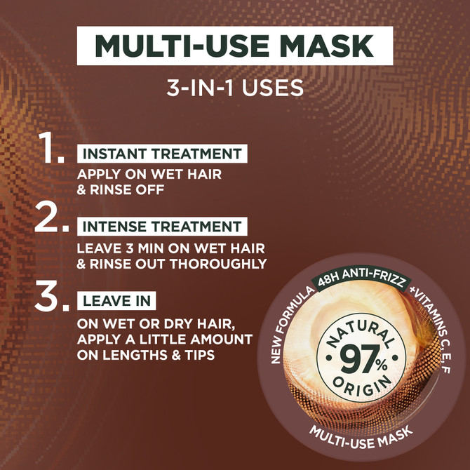 Garnier Fructis Macadamia hair food muti use Mask, smooths frizzy hair, 48H anti-frizz, Boosted with Vitamins C, E, F, 350ml, 97% natural origin ingredients, No silicone, No artificial colourants, Cruelty Free, Vegan, Made of 100% recycled plastic.
