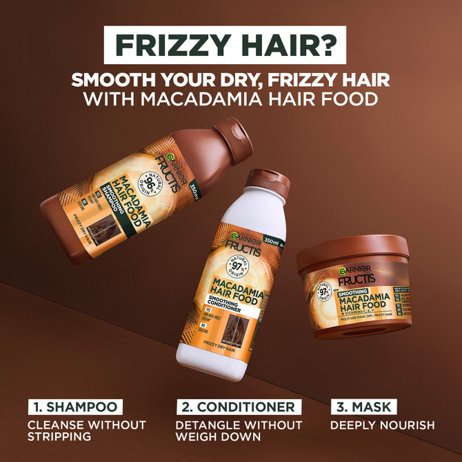 Garnier Fructis Macadamia hair food muti use Mask, smooths frizzy hair, 48H anti-frizz, Boosted with Vitamins C, E, F, 350ml, 97% natural origin ingredients, No silicone, No artificial colourants, Cruelty Free, Vegan, Made of 100% recycled plastic.