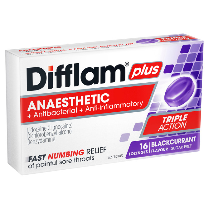Difflam Plus Anaesthetic Sore Throat Pack  Blackcurrant Flavour 16 Pack 