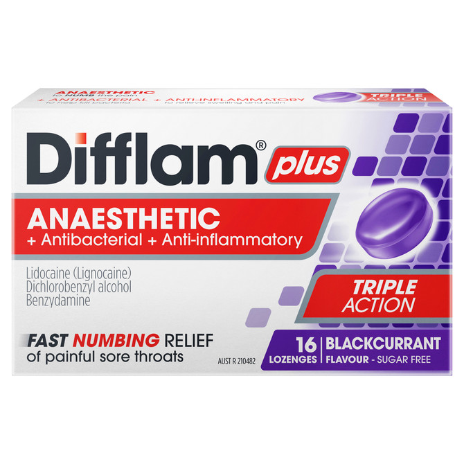 Difflam Plus Anaesthetic Sore Throat Pack  Blackcurrant Flavour 16 Pack 