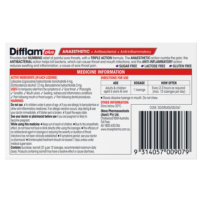 Difflam Plus Anaesthetic Sore Throat Pack  Blackcurrant Flavour 16 Pack 