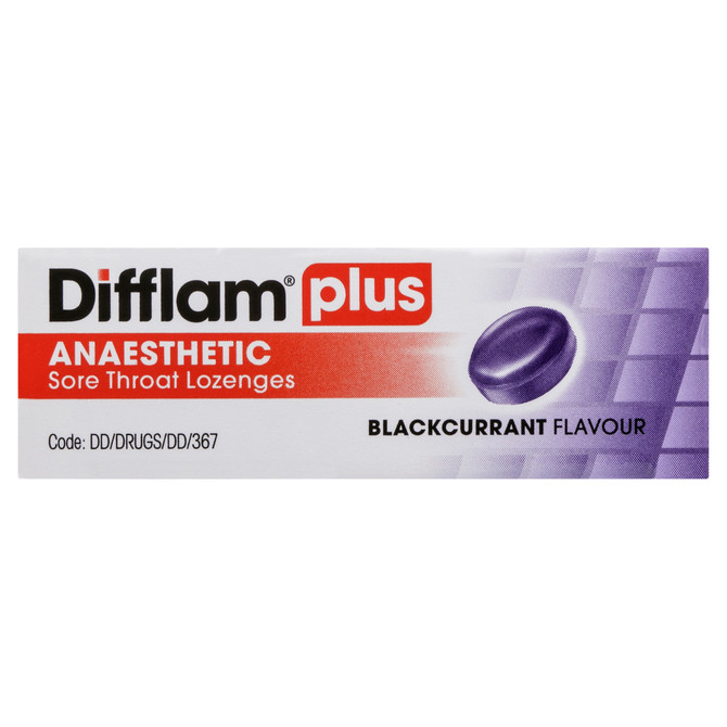 Difflam Plus Anaesthetic Sore Throat Pack  Blackcurrant Flavour 16 Pack 