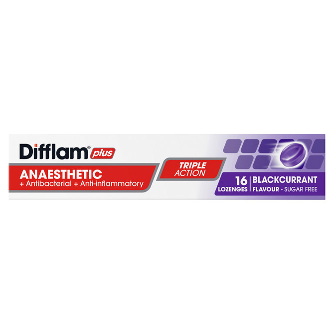 Difflam Plus Anaesthetic Sore Throat Pack  Blackcurrant Flavour 16 Pack 
